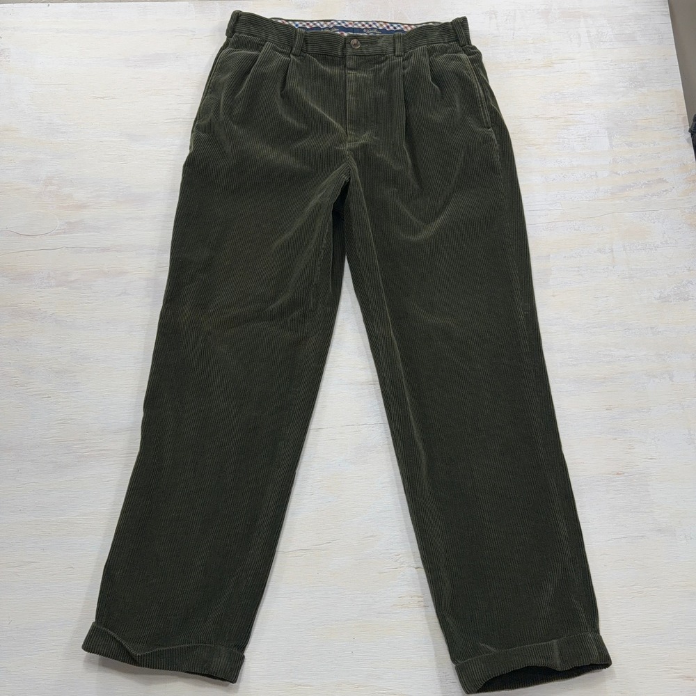 Brooks Brothers Corduroy Pants Elliot Pleated Cuffed Olive Green Mens W35 L32